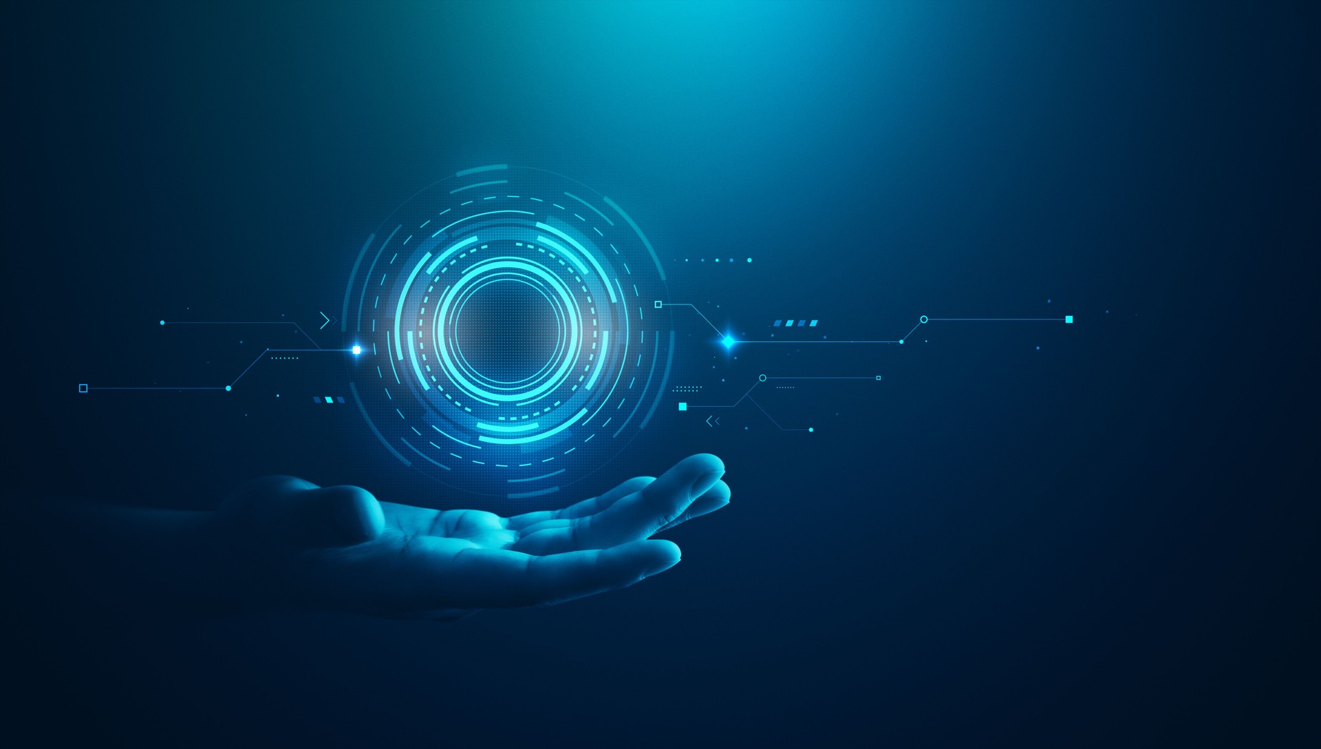 Digital technology artificial intelligence hud computer interface concept tech hand control network science future connection data business background communication cyber futuristic connect ai system.